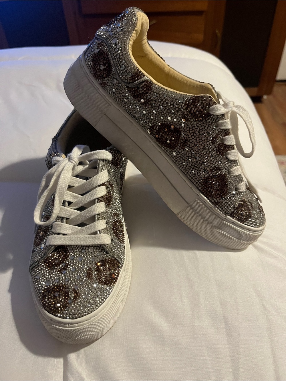 Betsey Johnson “Game Day”  Silver Crystal Sneakers with Football Accents